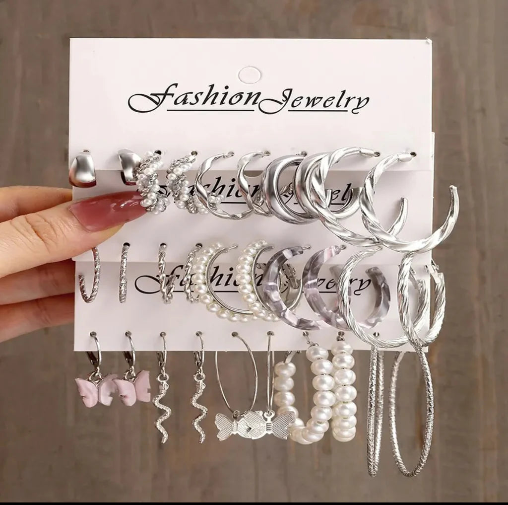 15 Pair Trendy Silver Metal Butterfly Alloy Earring Set